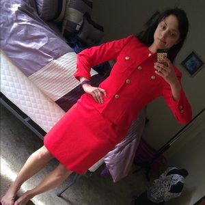 2 piece red skirt suit with gold buttons